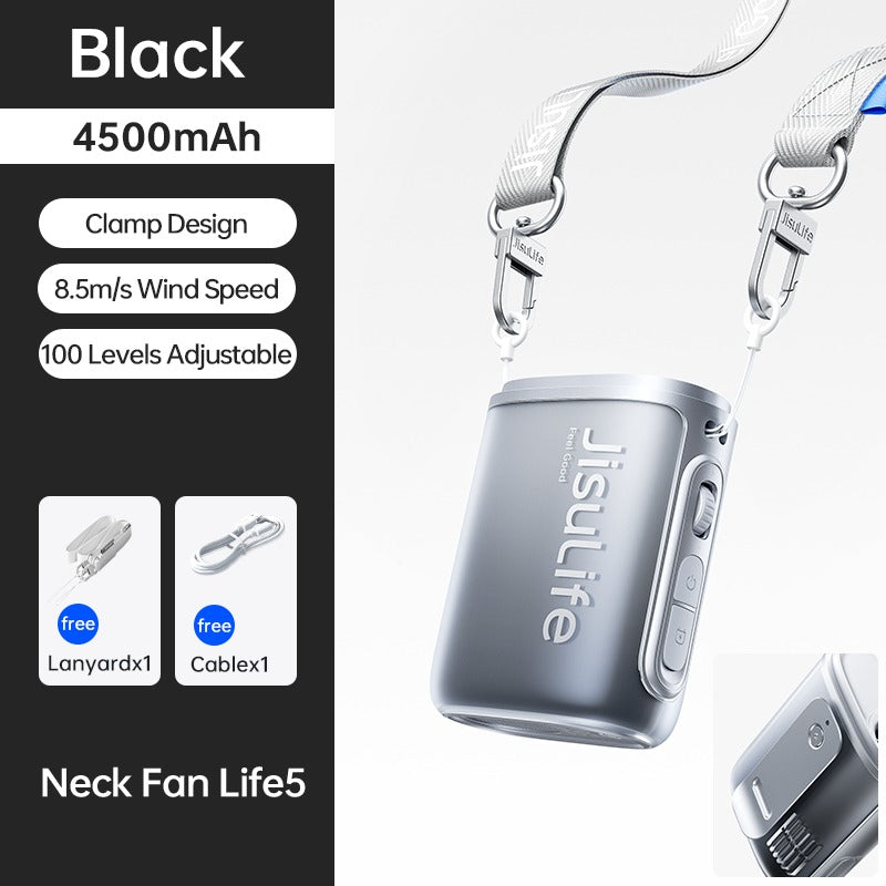 JISULFE Neck Fan Life 5 4500mAh Battery Mini Rechargeable 100 Gears Strong Wind Portable Bladeless