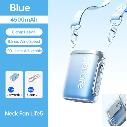 JISULFE Neck Fan Life 5 4500mAh Battery Mini Rechargeable 100 Gears Strong Wind Portable Bladeless